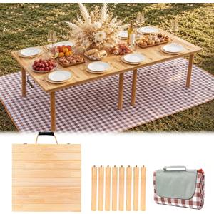60"x30" Wooden Folding Picnic Table, Portable Low Floor Table with Beach Outdoor Camping Mat, Ideal for Camping, Wedding, Music Festival, Garden, Party