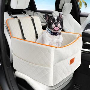 Dog Car Seat for Small Medium Dogs, Memory Foam Dog Booster Seats with Thick Cushion for Dogs Under 35lbs, Detachable Washable Pet Car Seat Travel Bed with Storage Pockets,2 Safety Belt (White)