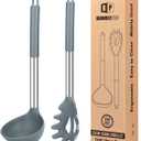 Silicone Pasta Fork and Ladle Spoon Set, Large Non Stick Kitchen Utensils for Cooking,Stirring,Serving Spaghetti, Soup, Sauce (GRAY)