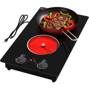 GIHETKUT Electric Cooktop,110V 2100W Stove top,Countertop and Built-in 2 burner cooktop,9-speed power, child safety lock, timer, knob and touch control 2 burner Electric cooktop