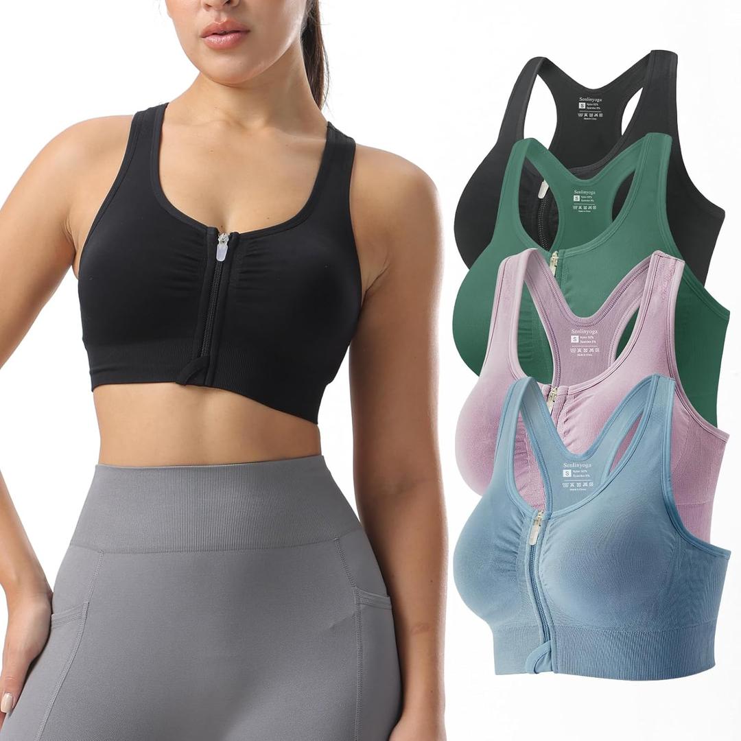 Zip Front Sports Bras for Women-Raceback Medium Support Padded Bra for Workout Yoga Gym Running, XL