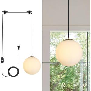 Plug in Modern Globe Pendant Light Mid Century Brass Ceiling Hanging Light with Milk White Lampshade Dimmable Minimalist 10" Chandelier with Plug in Cord for Living Room Bedroom Kitchen