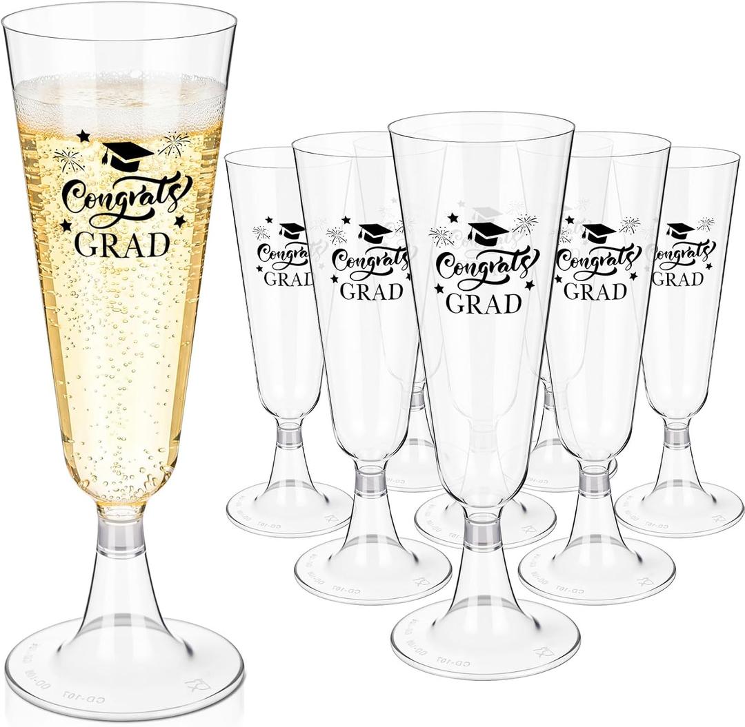Domensi 24pcs 5 oz Plastic Graduation Champagne Flutes 2026 Congrats Grad Cups Disposable Shatterproof Cocktail Mimosa Glasses for Graduation Prom Party Favor(Black)