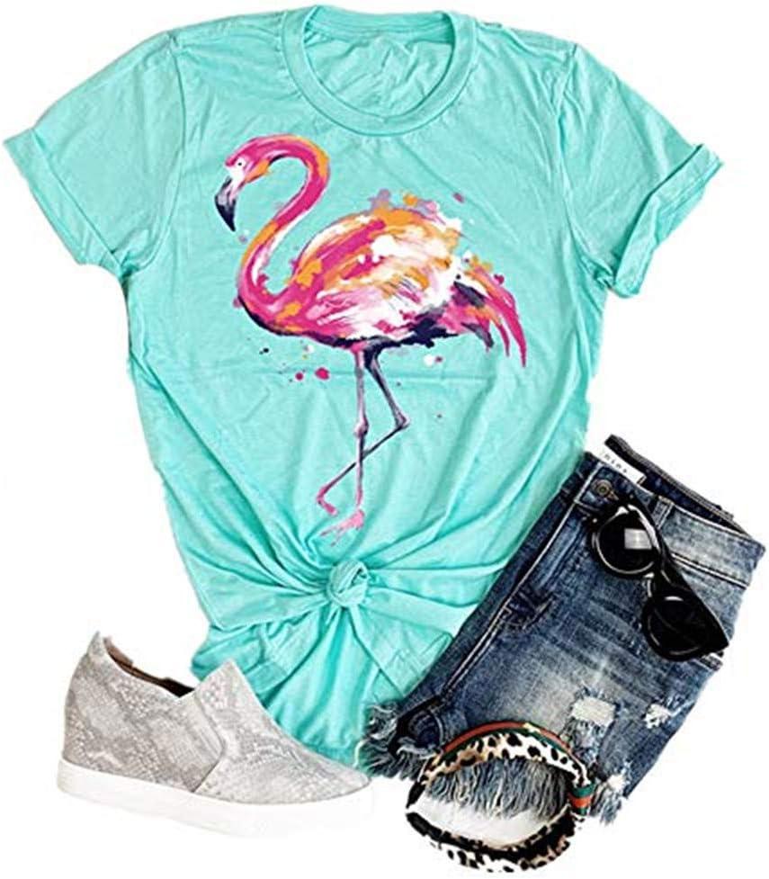 Women's Short Sleeve Round Neck Loose Cute Animal Flamingo Print Tee T-Shirt Top(Green-XXL)