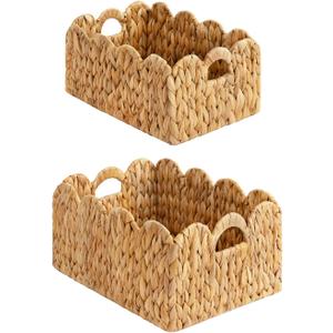 StorageWorks Scalloped Edge Wicker Basket, Hand-woven Rattan Baskets with Built-in Handles, Water Hyacinth Basket for Organizing and Decor, 2 Pack (15" L x 11" W x 7" H)