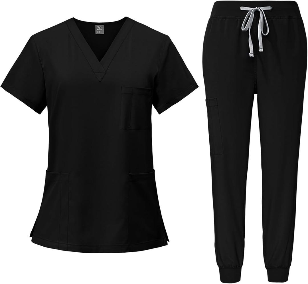 2025 Medical Scrubs Set for Women - Classic V-Neck Top & Jogger Pants with Stretch Nursing Uniform Scrub Suit (Medium, 1-black)