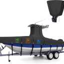 Heavy Duty Ture 1200D T-Top Boat Cover 17ft - 19ft with Motor Cover, 100% Waterproof Solution-Dyed Center Console Boat with T Top Roof 17-19 Foot with Upgraded 15 Windproof Straps (Black)