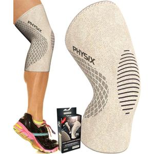 Physix Gear Knee Compression Sleeve for Men & Women - Best Compression Knee Brace for Walking, Running, Gym, Basketball, Weightlifting,Workout, Sports - Knee sleeves Support Compression & Stability (Beige/Black) L