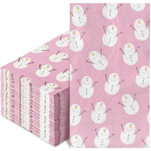 2 x 80Pcs Pink Christmas Guest Napkins Winter Snowman Disposable Paper Napkin Cute Xmas Holiday Party Decorative Dinner Hand Napkin Towel for Wedding Birthday Party Supplies, 13 x 15.7 inch