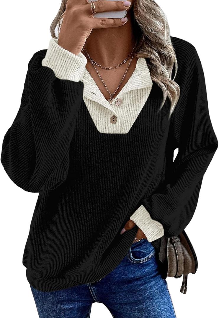 EVALESS Womens Spring Fashion 2026 Womens Long Sleeve Shirts Patchwork Button Up V Neck Sweatshirt Casual Pullover Tops (XX-Large, Black)