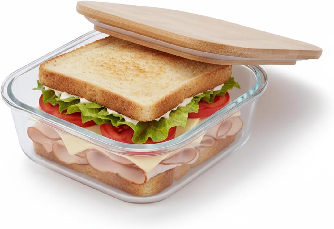 3-Cup Glass Sandwich Container with Bamboo Lid, Square Food Storage Bowls, Airtight Food Storage Lunch Box for Meal Prep, Freezer & Microwave Safe