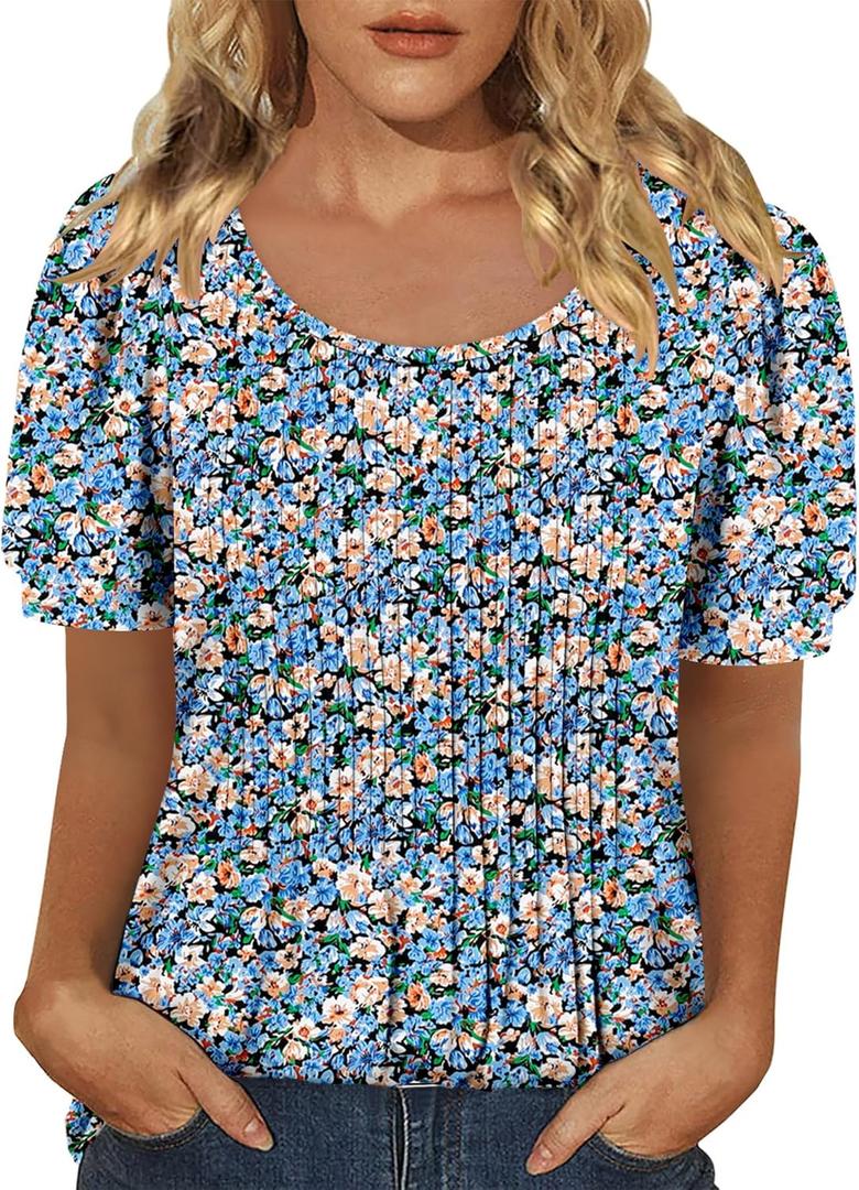 BETTE BOUTIK Womens Summer Tops Pleated Short Sleeve Tunic Tops Short Sleeve Blouses Shirts S-3XL (L)