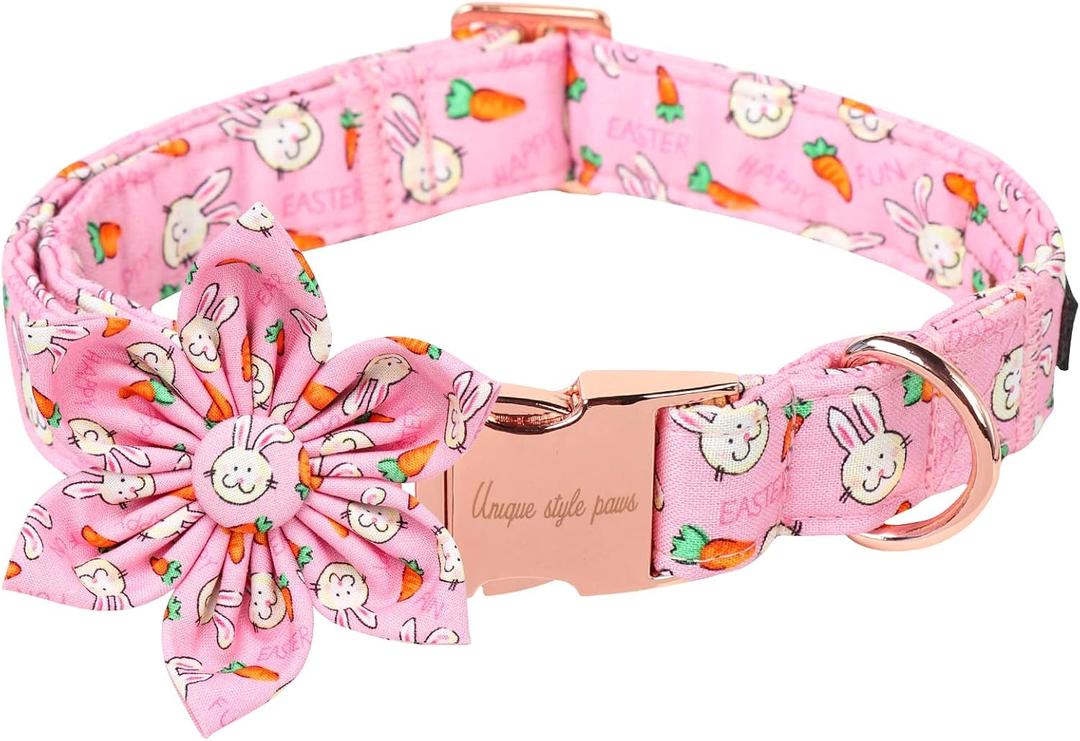 Unique style paws Easter Dog Collar with Flower Tie Rabbit & Carrot Puppy Collar for Small Medium Large Boys Girls-L