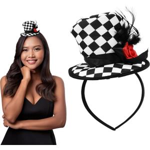 Nicky Bigs Novelties Mini Top Hat Headband - Black & White Checkered Clown Hat with Feathers & Rose, Jester Clown headband, Funny Hats For Women & Adults