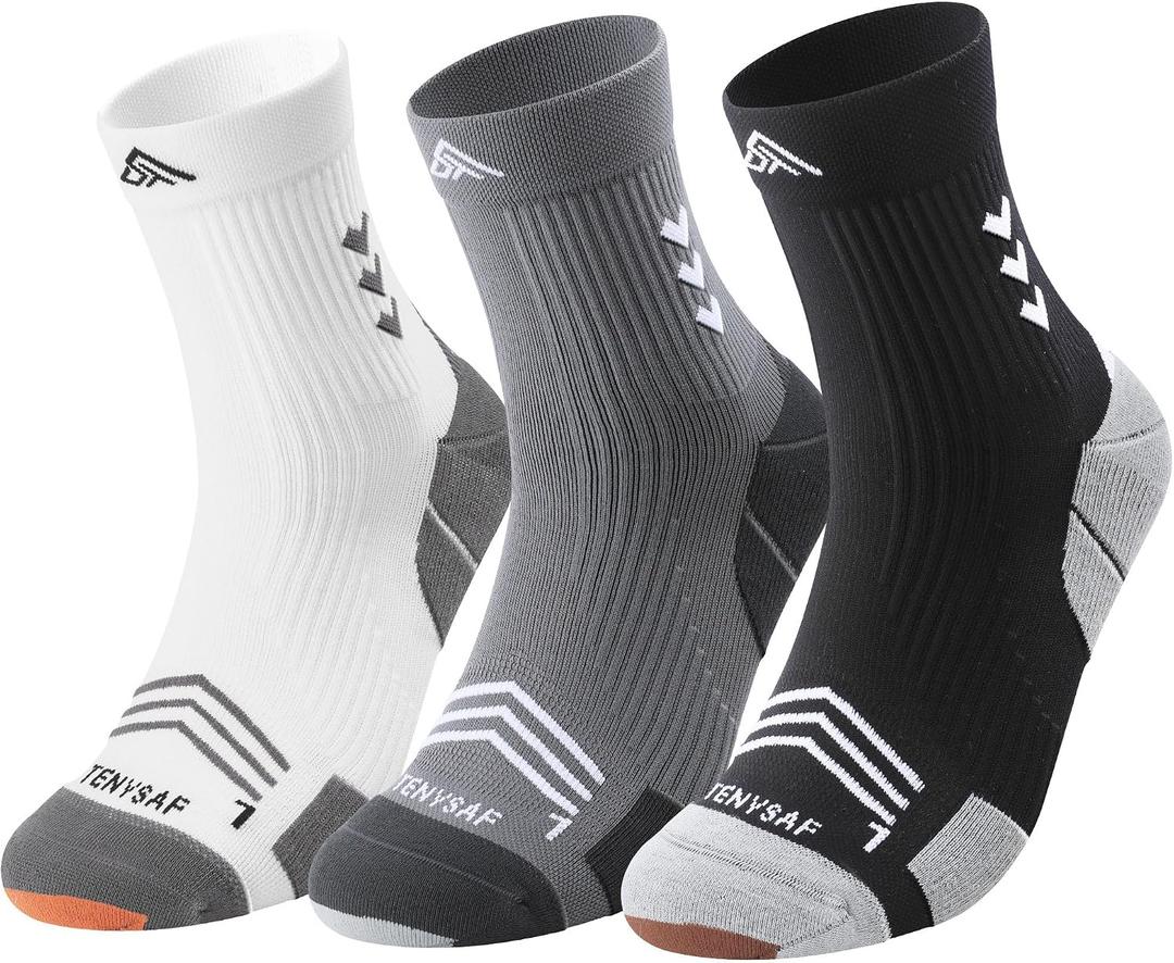 Compression Sport Running Socks: Athletic Crew Socks for Men Women Cycling Hiking Basketball Work,3 Pairs, 9-13, A-white Gray Black