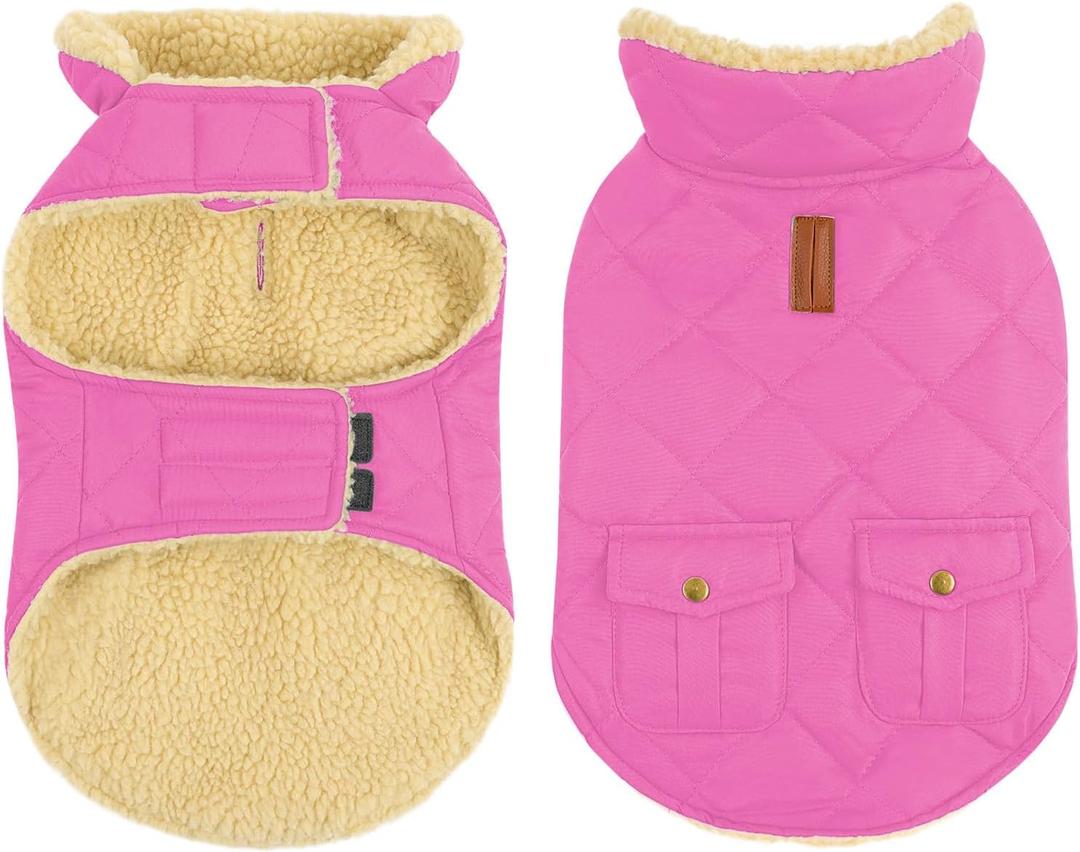 Queenmore Dog Winter Coat - Fleece Jacket, Waterproof Cold Weather Dog Clothes, Thick Warm Cotton Padding, Easy On Storage Pockets (Pink, Small)