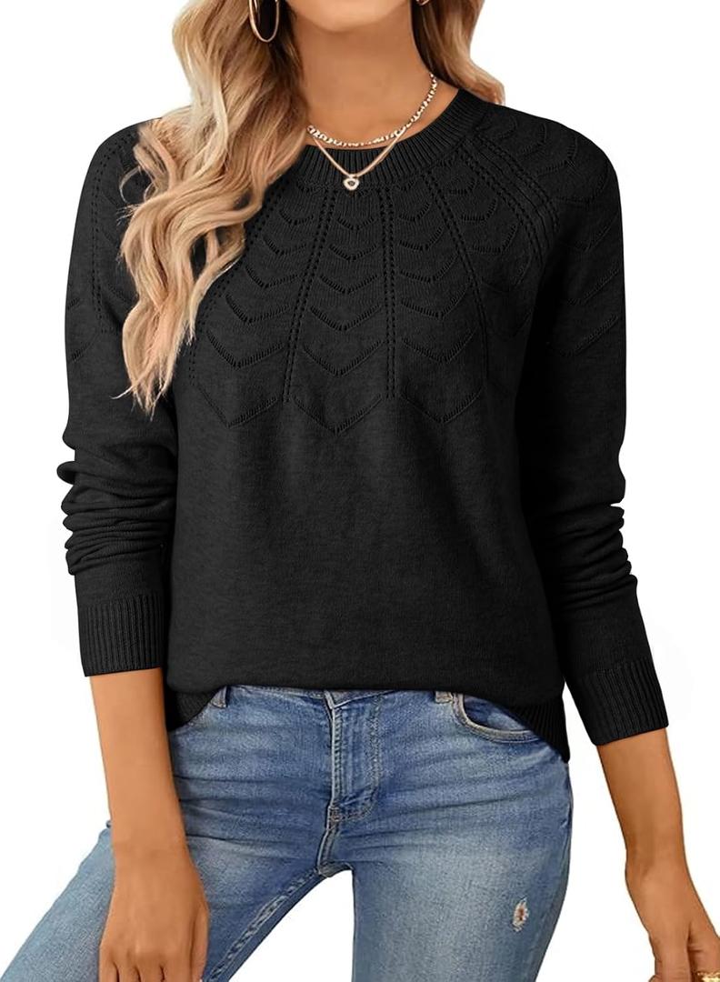 SHEWIN Sweaters for Women Crochet Long Sleeve Crew Neck Sweater Lightweight Shirts Tops Fall Fashion 2025 (Black, M)