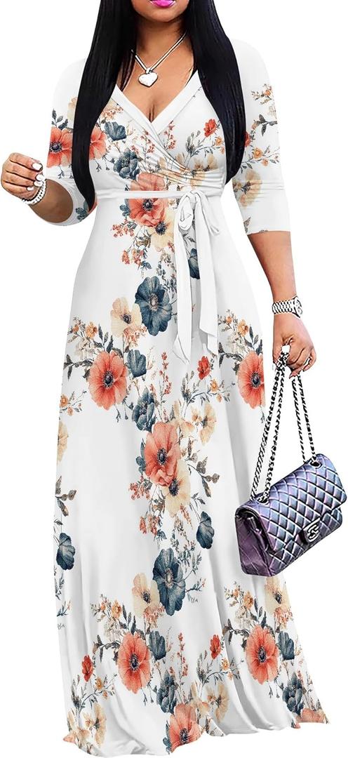 PinkPatty Women's Plus Size Maxi Dresses Casual Flowy 3/4 Sleeves Dress Printed Vacation Dress for Daily Wear with Belt, Size XXXL