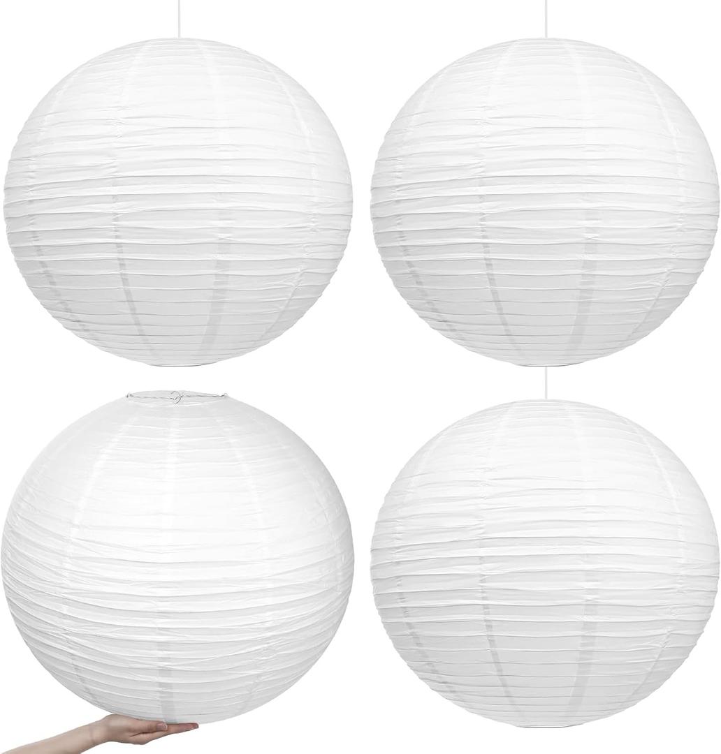 Woanger 4 Pack 24 Inch Large Paper Lantern Shade Jumbo White Japanese Chinese Round Hanging Japanese Paper Lantern Lamp for Birthday Wedding Bridal Baby Shower Party Ceiling Home Decoration