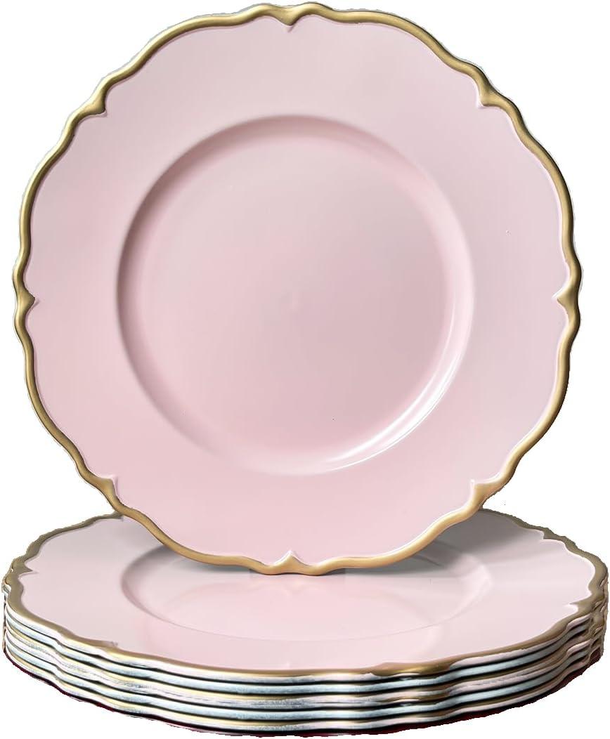 Pink scalloped charger plates with Gold rim, 13" Round Chargers for Dinner Plates, Set of 6 Plastic Plate Chargers for Weddings, Parties, Tabletop Decor.