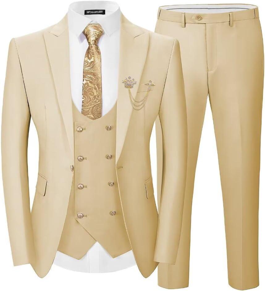 Men's 3 Piece Suits Slim Fit, Blazer Double Breasted Vest and Pants, Wedding Prom Business Suit with Gold Button (Medium, Champagne) Men's 3 Piece Suits Slim Fit, Blazer Double Breasted Vest and Pants, Wedding Prom Business Suit with Gold Button (Medium, Champagne)