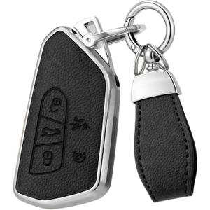 Soft Upper Leather TPU Key Fob Cover Case for Volkswagen VW ID4 ID3 MK8 Golf GTI Skoda Octavia tiguan Atlas 2024 2025 2026 (Silver-edged black, 5 Buttons)
