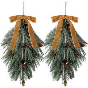 Shihanee 2 Pcs 24" Christmas Teardrop Swag Rustic Door Swag Teardrop Wreath Artificial Norfolk Pine Hanging Garland Greenery with Bell Velvet Bow for Outdoor Mantle Fireplace (Khaki,23.6 Inch)
