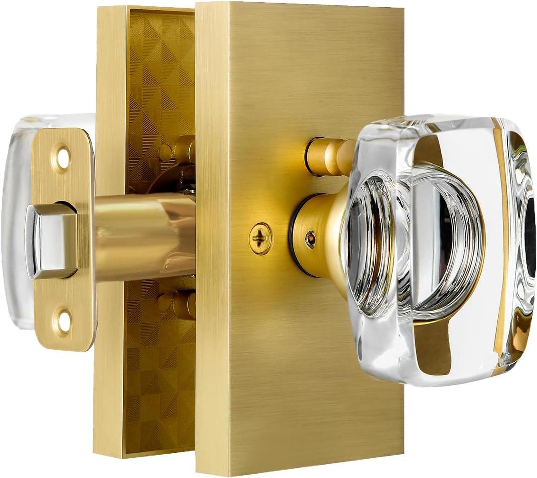 Glass Door Knobs Interior with Lock, Crystal Gold Door Knobs Privacy Door Knob for Bedroom and Bathroom Satin Brass