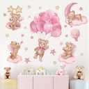 wondever Pink Balloon Bear Wall Stickers Hot Air Balloon Animals Clouds Stars Peel and Stick Wall Art Decals for Baby Nursery Kids Girls Bedroom