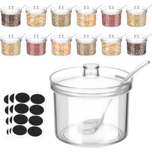12 Pieces 7.1 oz Acrylic Sugar Containers With Label, Clear Sugar Bowl with Lid and Spoon, Toppings Containers for Salt, Tea, Spices, Coffee and Condiments