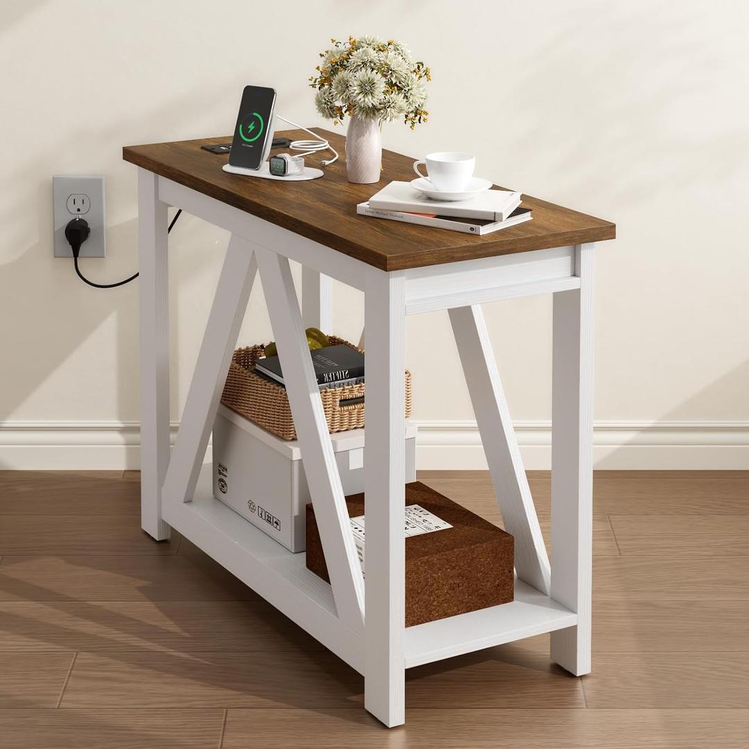 Farmhouse End Table, Narrow Side Table with Charging Station, Slim End Table with Storage Shelf for Small Spaces Living Room, Slim Nightstand for Bedroom, Rustic White and Honey Brown