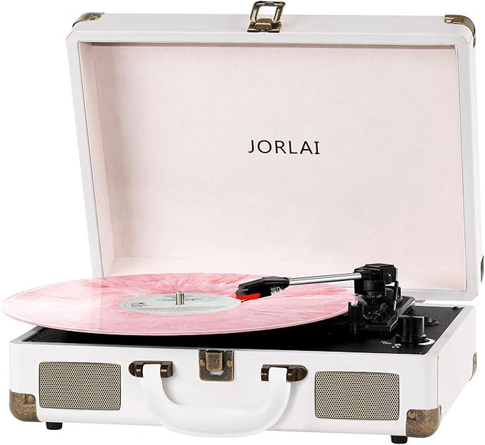 Jorlai Record Player 3 Speeds Turntable with Bluetooth Built-in Battery Stereo Speakers Vintage Record Player Belt Driven Portable Suitcase PC Recording White