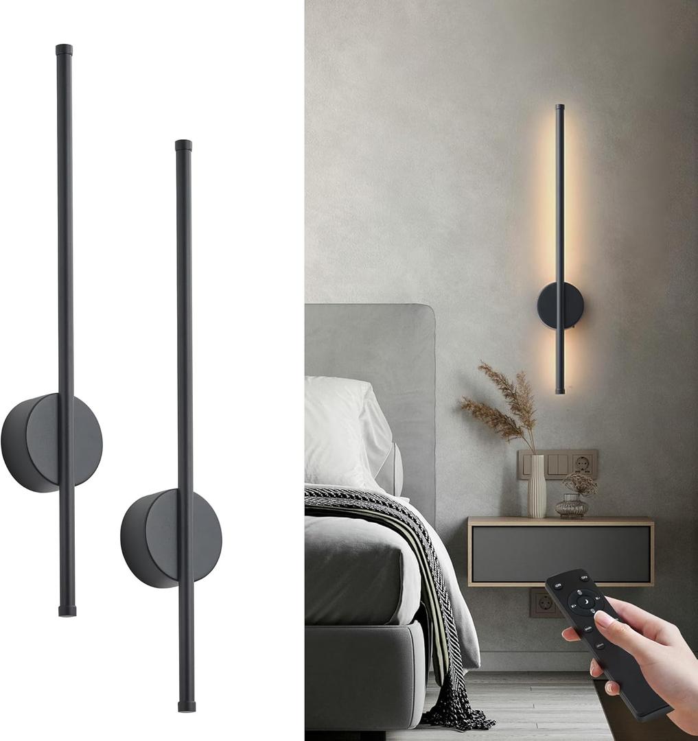 Battery Operated Modern Wall Sconces, Dimmable Wireless Wall Light Set of Two with Remote Control, 3 Color Temperatures, Rechargeable LED Wall Sconce for Bedroom, Living Room, Hallway, 23.6 Inch Black