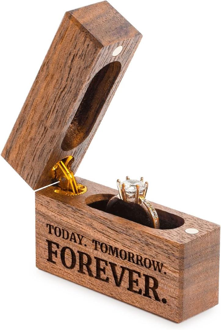 Wooden Engagement Ring Box Small Slim Flat Ring Case for Proposal,Wedding (Today Tomorrow Forever)