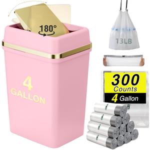 Bathroom Trash Can with Lid 4 Gallon Pink Trash Can Bedroom Trash Can Small Garbage Can with 300 Counts Trash Bags for Small Bathroom Bedroom Office
