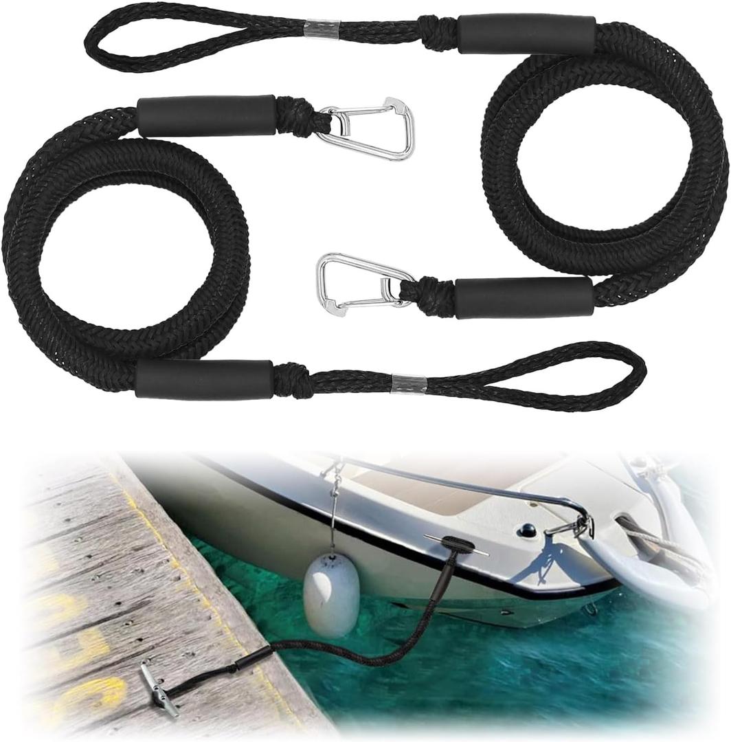 2 Pieces 6 Ft Boat Bungee Dock Lines with Stainless Steel Clip and Loop, Adjustable Bungee Anchor Line, Heavy Duty Boat Mooring Rope for PWC Kayak Jet Ski Pontoon Wave Runner (Black)