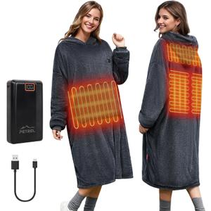 Wearable Heated Blanket Hoodie with 16000 mAh Battery, Cordless Heating Throw, Electric Shawl Robe with Sleeves, Gift for Family (Charcoal Gray)