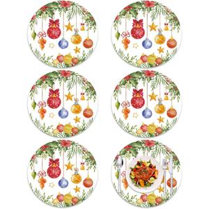 Tarklanda Christmas Placemats Set of 6, 13.4 Inch Round Washable Vinyl Table Mats Christmas Balls Watercolor Plastic Placemats for Holiday Dining Kitchen Winter Xmas Party Decor