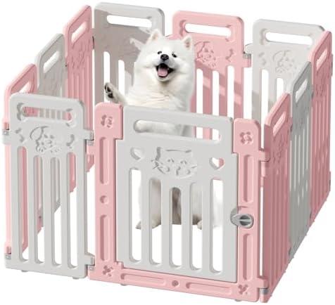 BUMUBI Dog Playpen Fence Clear Pet Puppy Foldable Kennel for Small Dogs Plastic Puppy Enclosure for Cat Rabbit Indoor Whelping Box for Dogs with Gate (Pink + White, 12 Panels+1 Door)