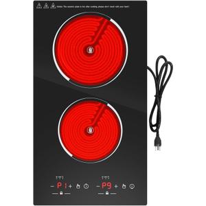VBGK Electric Cooktop, 12 Inch Built-in Radiant Electric Stove Top,110V 2100W burner with 2 Burners, 9 Heating Level, Timer & Kid Safety Lock, Sensor Touch Control 2 burner Induction Cooktop