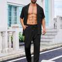 Mens Two Piece Summer Outfit Ribbed Short Sleeve Shirt and Drawstring Pants Men Beach Outfits Sets Loungewear For Travel Sleepwear Pajamas Set with Pockets Walking Suits For Men Black M