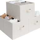 StorageWorks Storage Baskets for Shelves, Foldable Fabric Closet Storage Bins with Handles, Fabric Storage Bins Clothes Organizer, Beige Stripes, 3-Pack, Large
