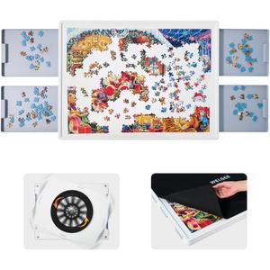 WELGEE 1000 Piece Rotating Puzzle Board with Drawers & Cover, 30"x22" Spinning Jigsaw Puzzle Table for Adults, Upgraded Lazy Susan, Lightweight ABS Plastic, Perfect for Puzzle Lovers & Moms (White - Gray Drawers)