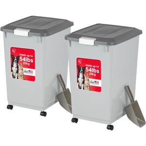 IRIS USA Dog Food Storage Container 54 lbs, 2-Pack with Wheels, Airtight Lid, 2-Cup Scoop, Double Pet Food Storage, Built in Scoop Storage in Lid, Versatile Pet Food Bin, Portable, Gray/Dark Gray