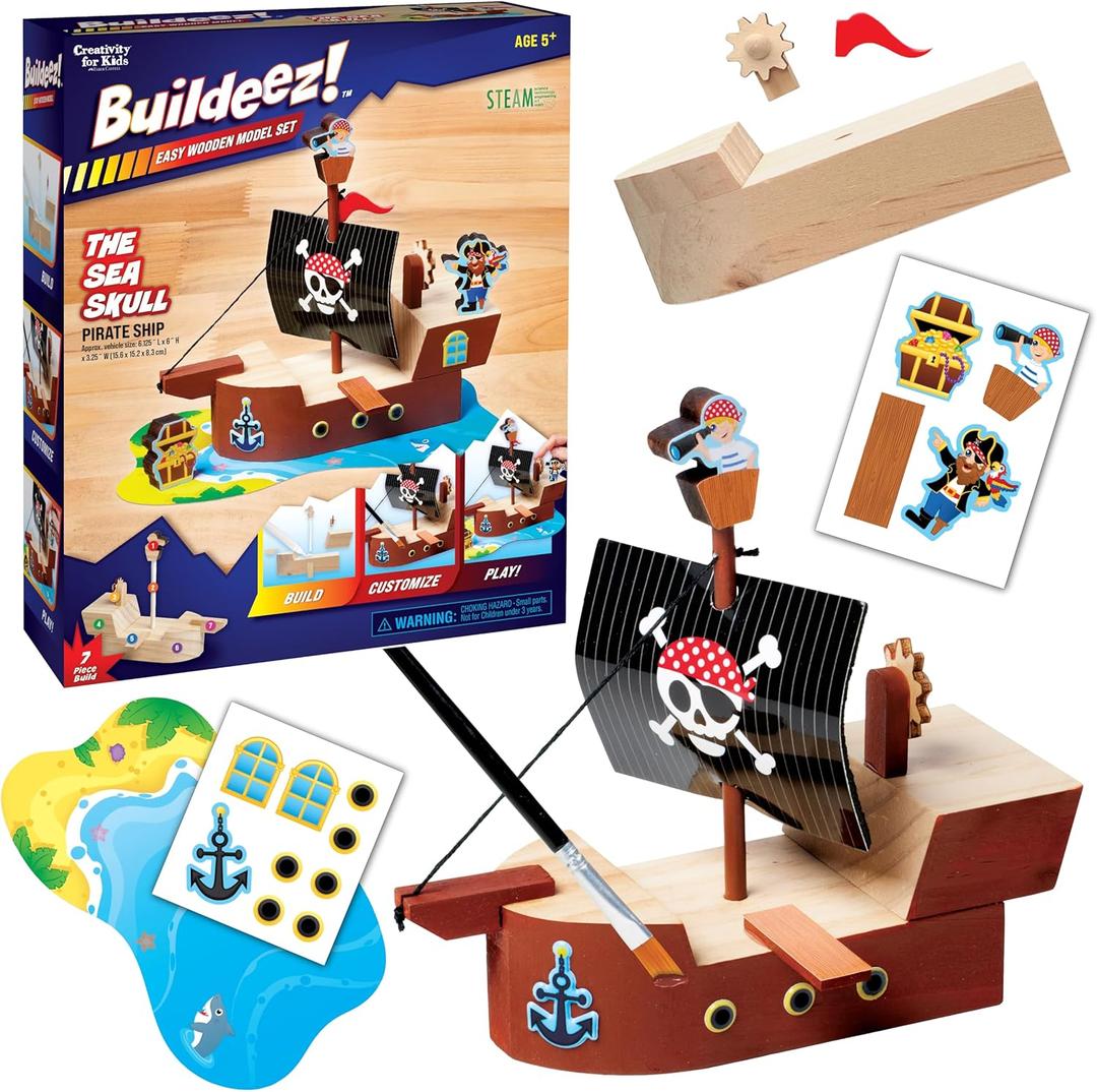 Creativity for Kids Buildeez! Easy Wooden Model Set: Pirate Ship, Sea Skull - DIY Arts & Crafts Kit, STEM Toys and Gift for Kids, Boat Toys for Boys (Ages 5+)