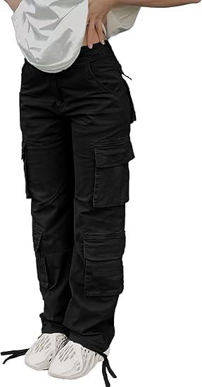 Cargo Pants for Women High Waisted Casual Pants Baggy Y2k Straight Wide Leg Pants with Pockets Streetwear, Black, XL