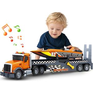 SpringFlower 3 4 5 6 Boy Toys, Extra Large Truck Toy with Sounds & Lights, 21" Semi Truck Toy Flatbed Transport Boat Vehicle2 in 1 Kids Boy Toddlers Age 3 4 5 6 7 Birthday Gifts