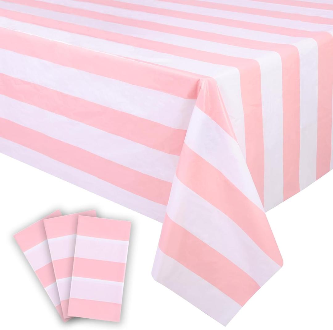 Kesfey 3 Packs Pink and White Vertical Striped Tablecloth 54 x 108 Inch Pink Stripe Table Cloths Disposable Plastic Stripe Table Covers Waterproof Pink Striped Picnic Table Cover for Birthday Party