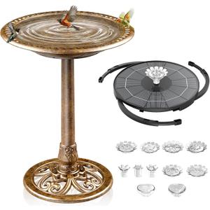 AISITIN 28 Inch Bird Bath with 3.5W Solar Fountain for Outside, Antique Copper Polyresin Pedestal Bird Baths for Outdoor Garden Courtyard Decor, Weather-Resistant Birdbaths with 20" Bowl & 8 Nozzles
