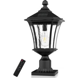 Lovus Solar Post Lights with Pier Mount Base, 19'' H Aluminum Solar Lamp Post Light, 2700K/4000K/6000K Dusk to Dawn LED Pole Lights Outdoor for Pathway Pillar Yard Patio, Remote Control, Black-1PACK, 3CCT1PackRemote